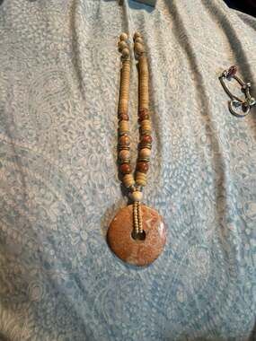 Bohemian Beaded Necklace with Large Jasper Pi Stone Pendant and Wood Accent